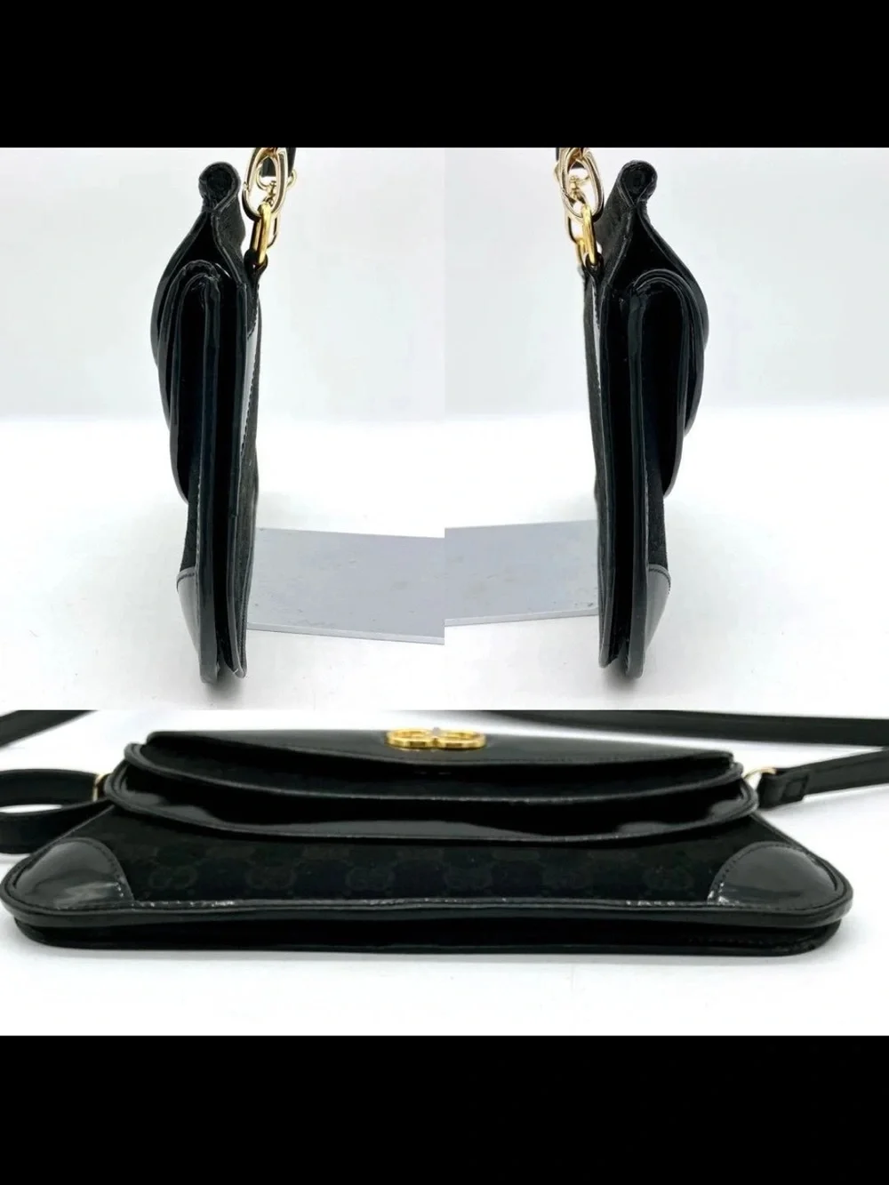 Gucci Black Patent & Velvet Crossbody Bag with Gold GG Accent
